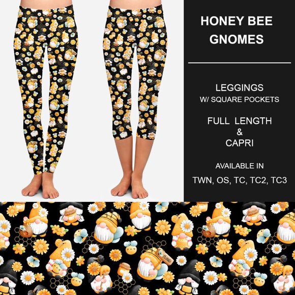 Honey Bee Gnomes Print Soft Black & Yellow Leggings W/ Pockets - Capri or Full - Picture 4 of 5